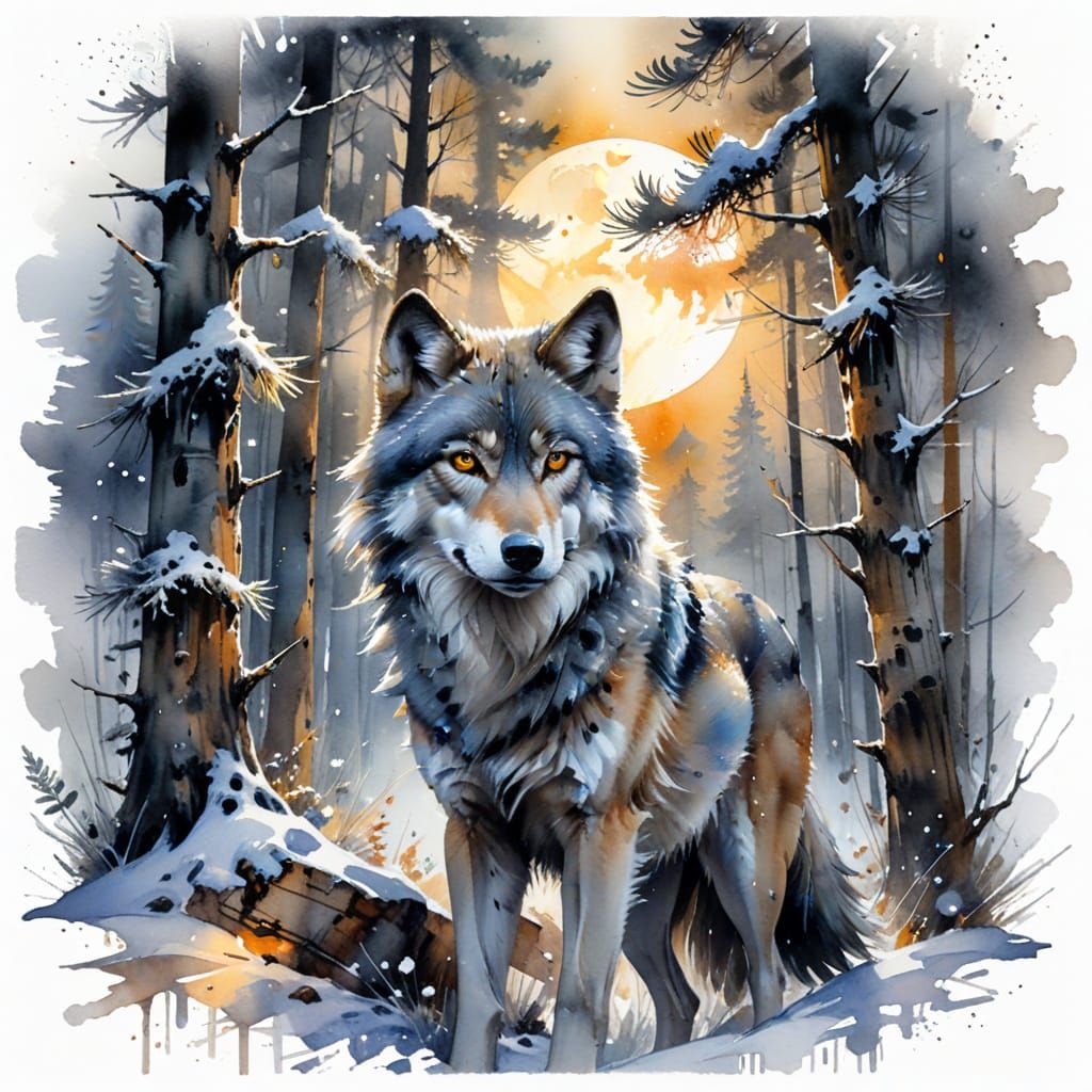Grey Wolf in Winter Forest: Watercolour Art