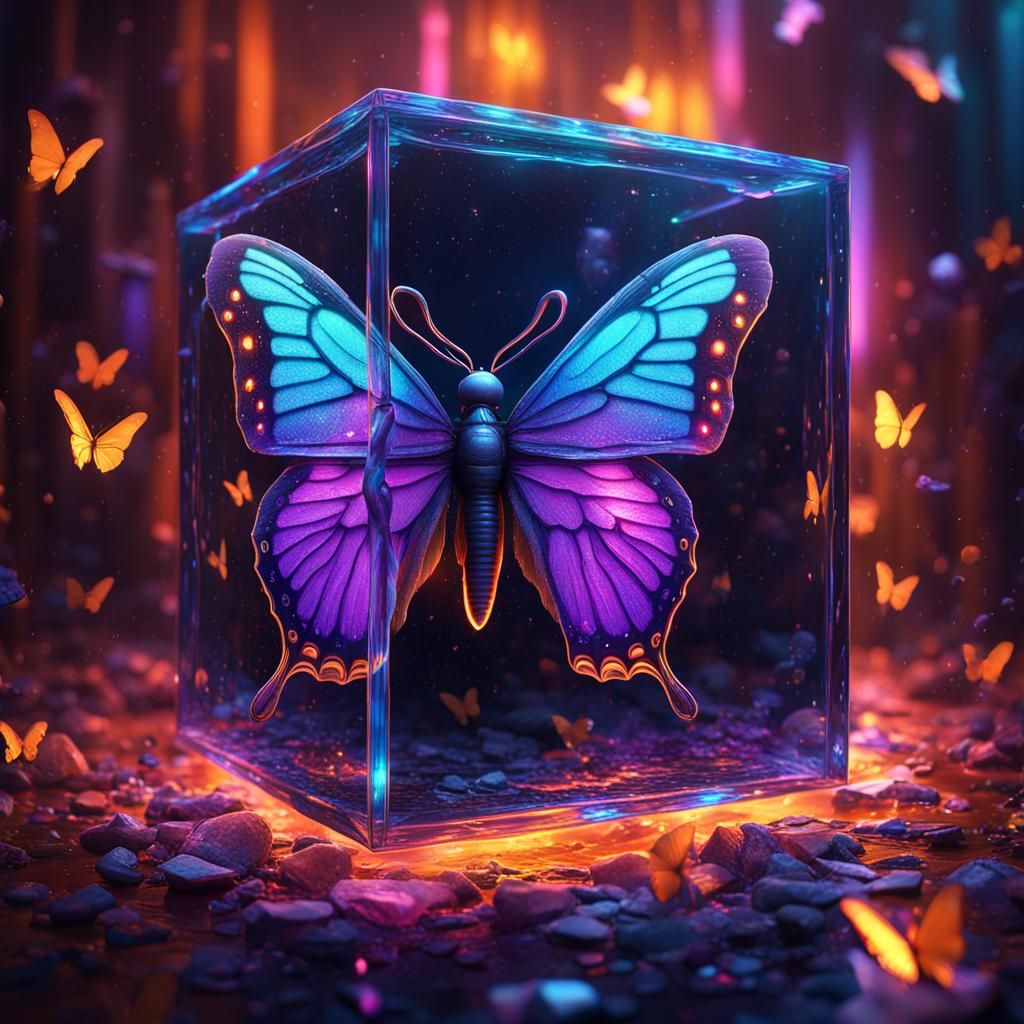 Butterfly Encased in Luminous Cube: Fantasy Concept Art