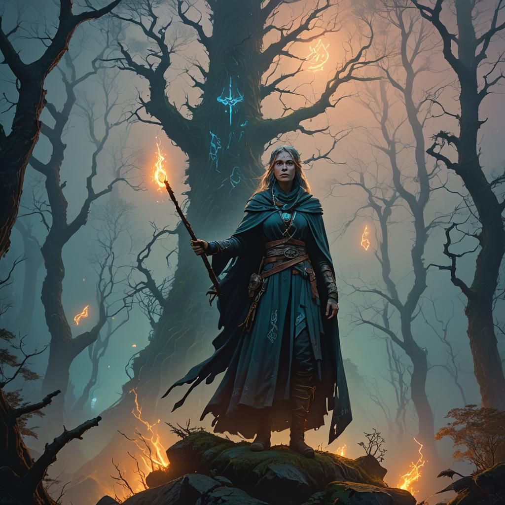 Elegant Sorceress in Misty Forest Fantasy Art