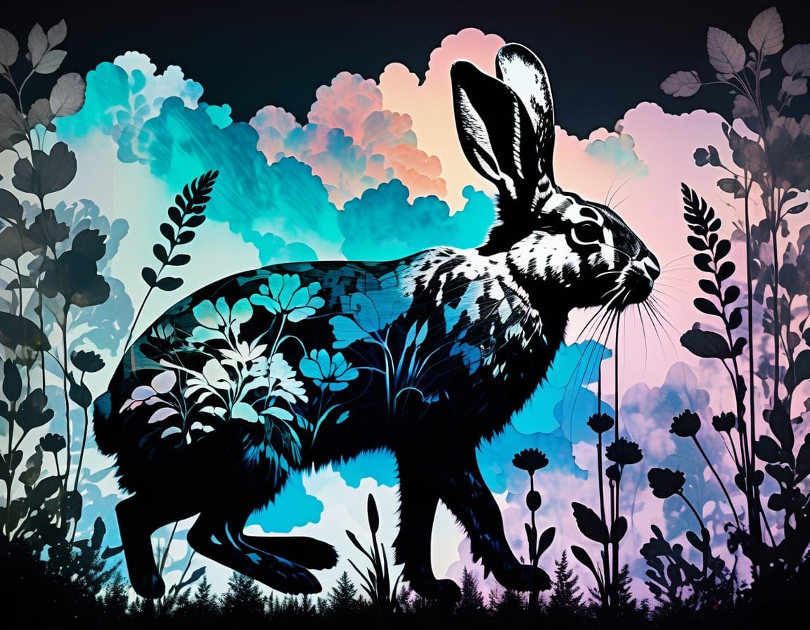 Rabbit Silhouette Double Exposure in Iridescent Photomontage