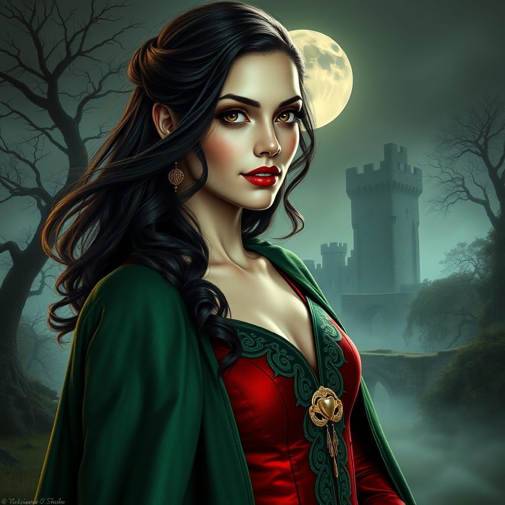 Ethereal Irish Vampire Goddess in Emerald Cloak