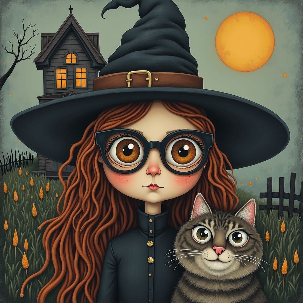 Whimsical Witch and Cat in Outsider Art Style