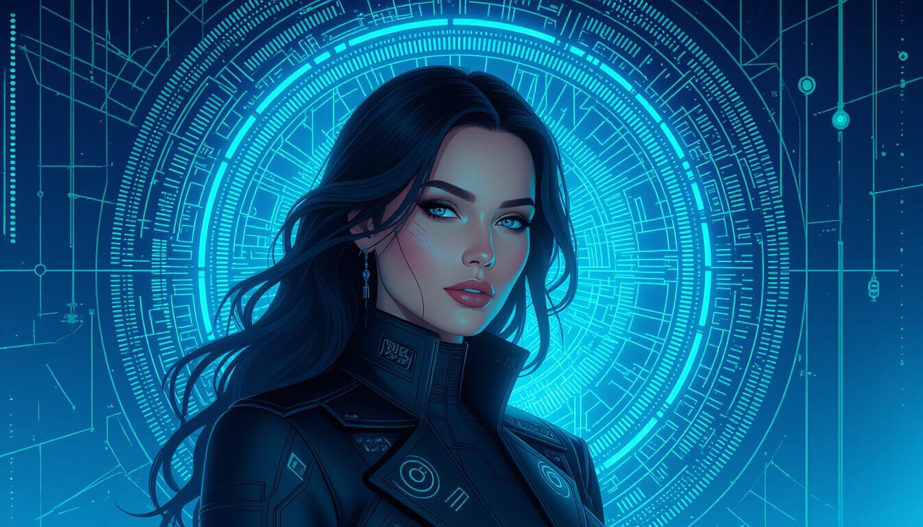 Ethereal Woman in Cyberpunk Digital Matrix