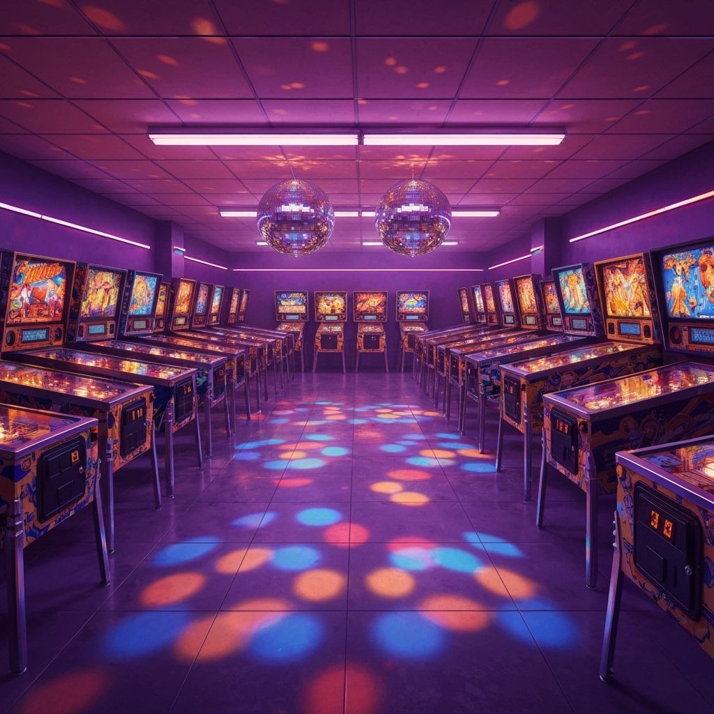 1970s Disco Arcade with Illuminated Pinball Machines