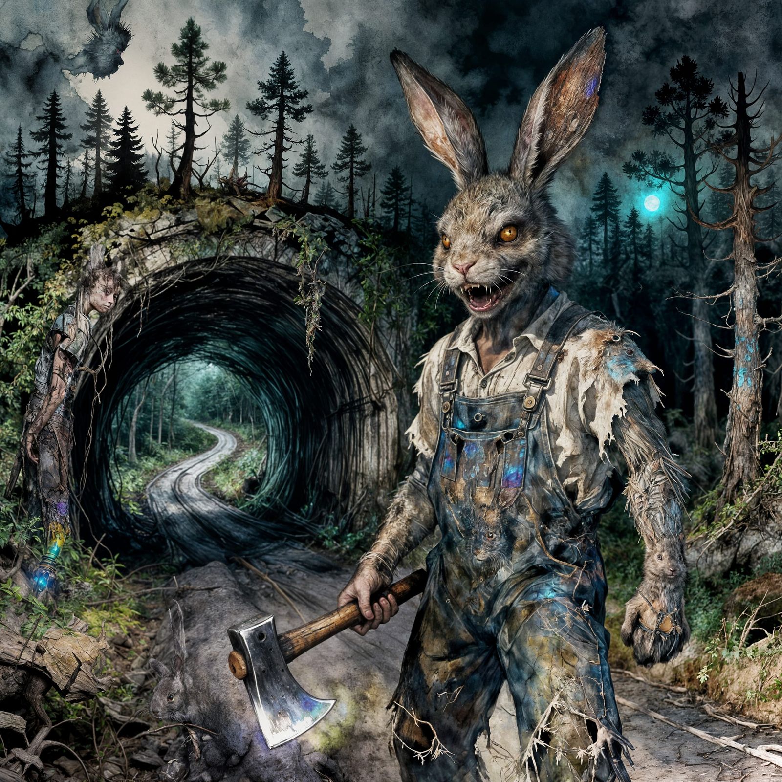 Evil Bunny Axe Man in Overgrown Tunnel Illustration