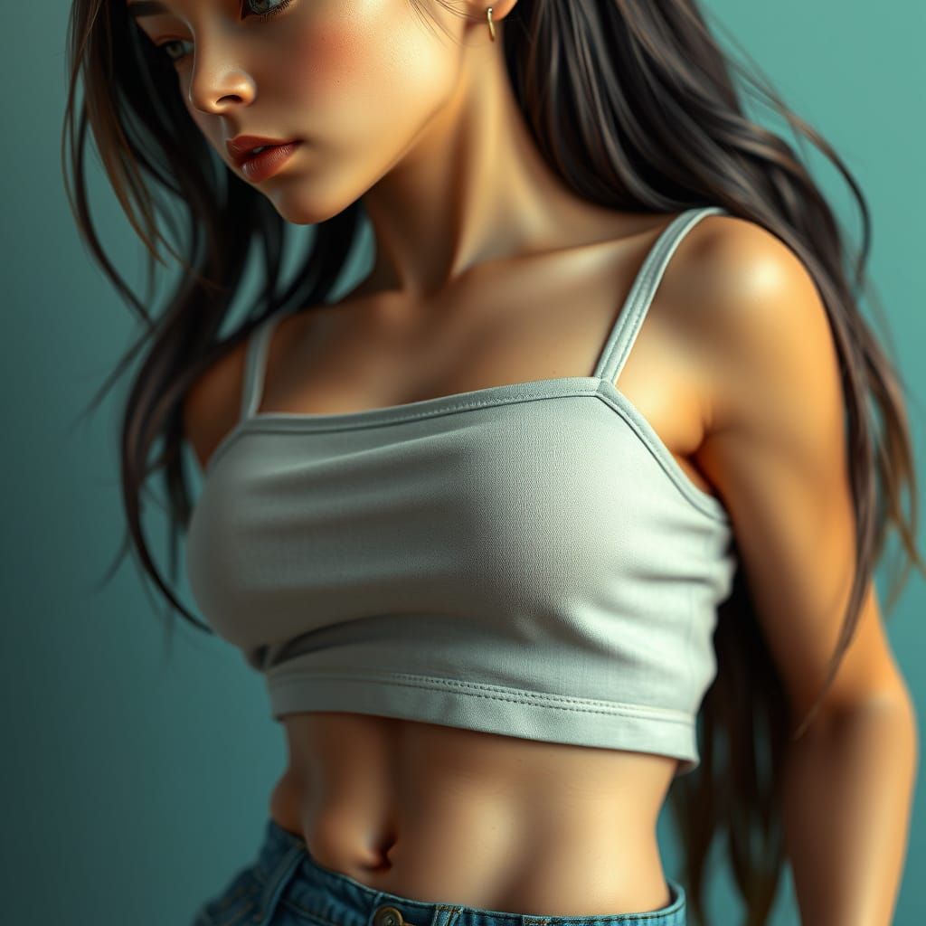 Hyperrealistic Young Woman in Mid-Shot, Anime-Inspired Artge...