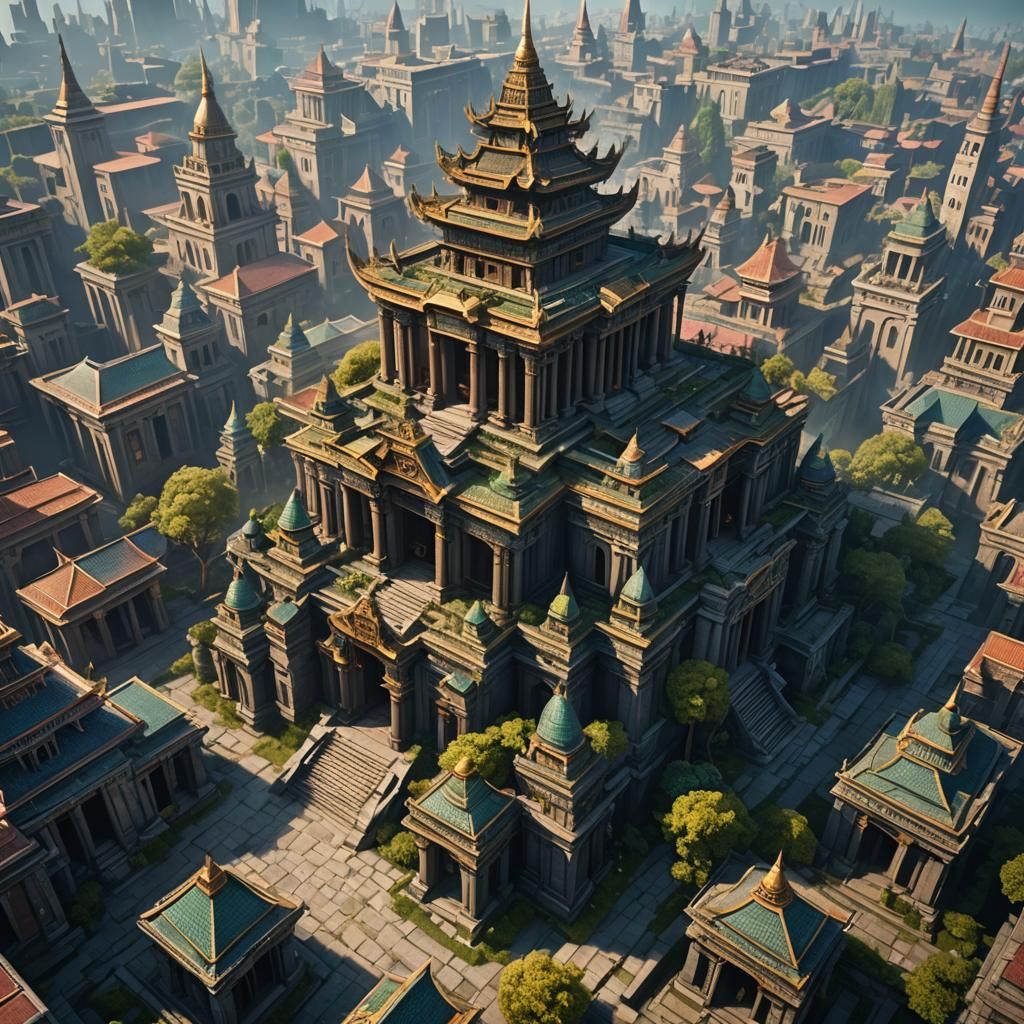 Mythological Temple Under City in Detailed Matte Painting