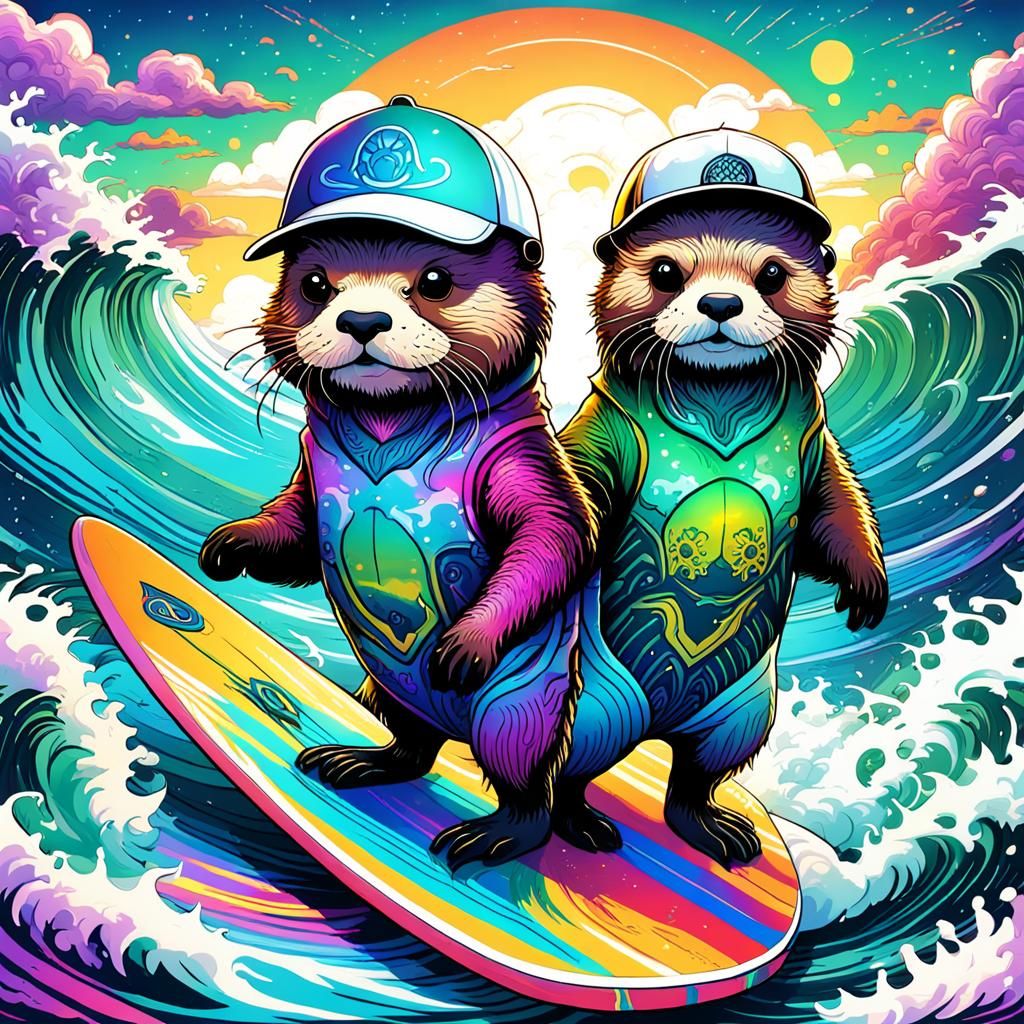 Alien Sea Otters Catching Waves: Cosmic Splash Art