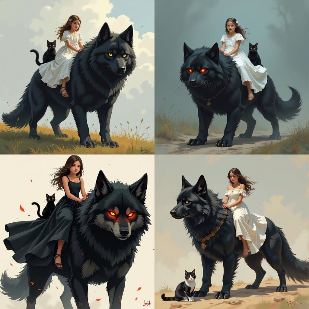 Girl and Cat Ride a Realistic Hellhound