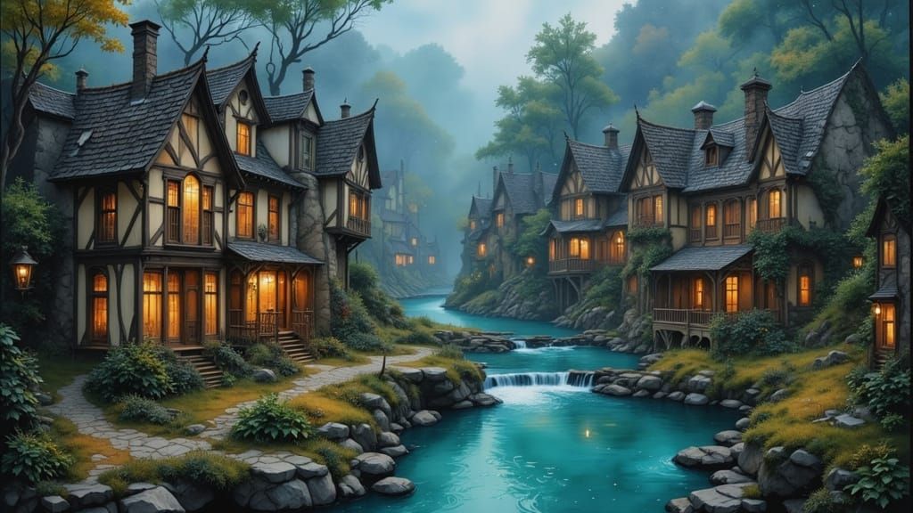 Whimsical Village Beside Turquoise Stream