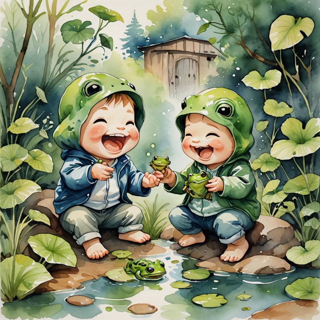 2 Chibi laughing brothers playing with a frog, watercolor
