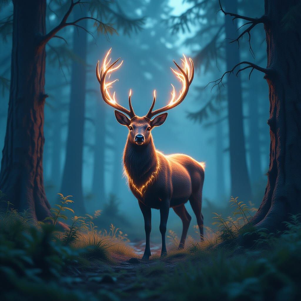 Mystical Glowing Deer in Forest Clearing