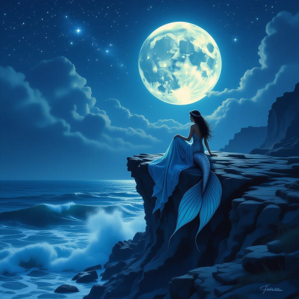 Siren on Moonlit Cliff Over Turbulent Sea
