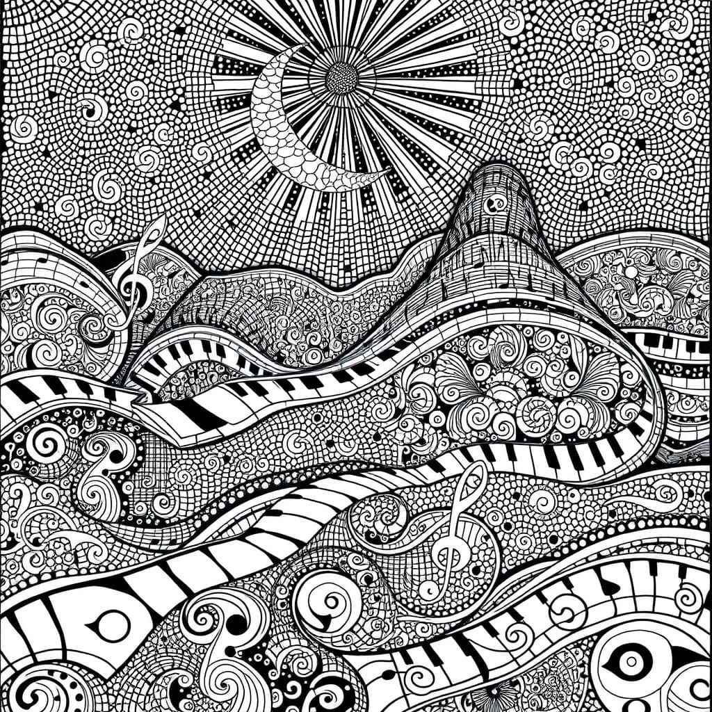 Surreal Black and White Zentangle Landscape with Geometric M...