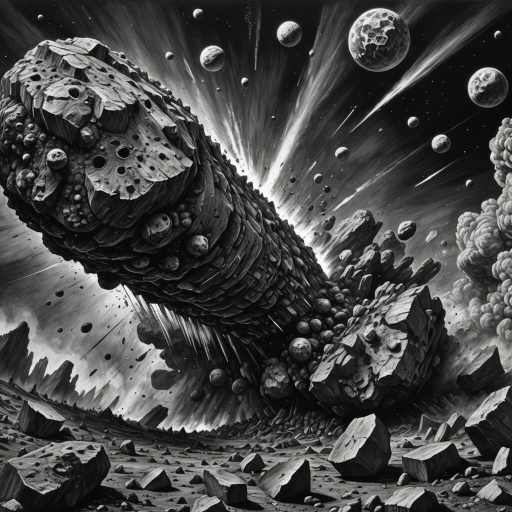 Hyperdetailed Charcoal Drawing of Asteroid Impact