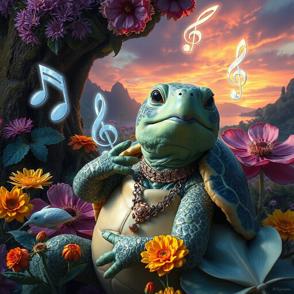 Singing Turtle in a Surreal HDR Oil Painting