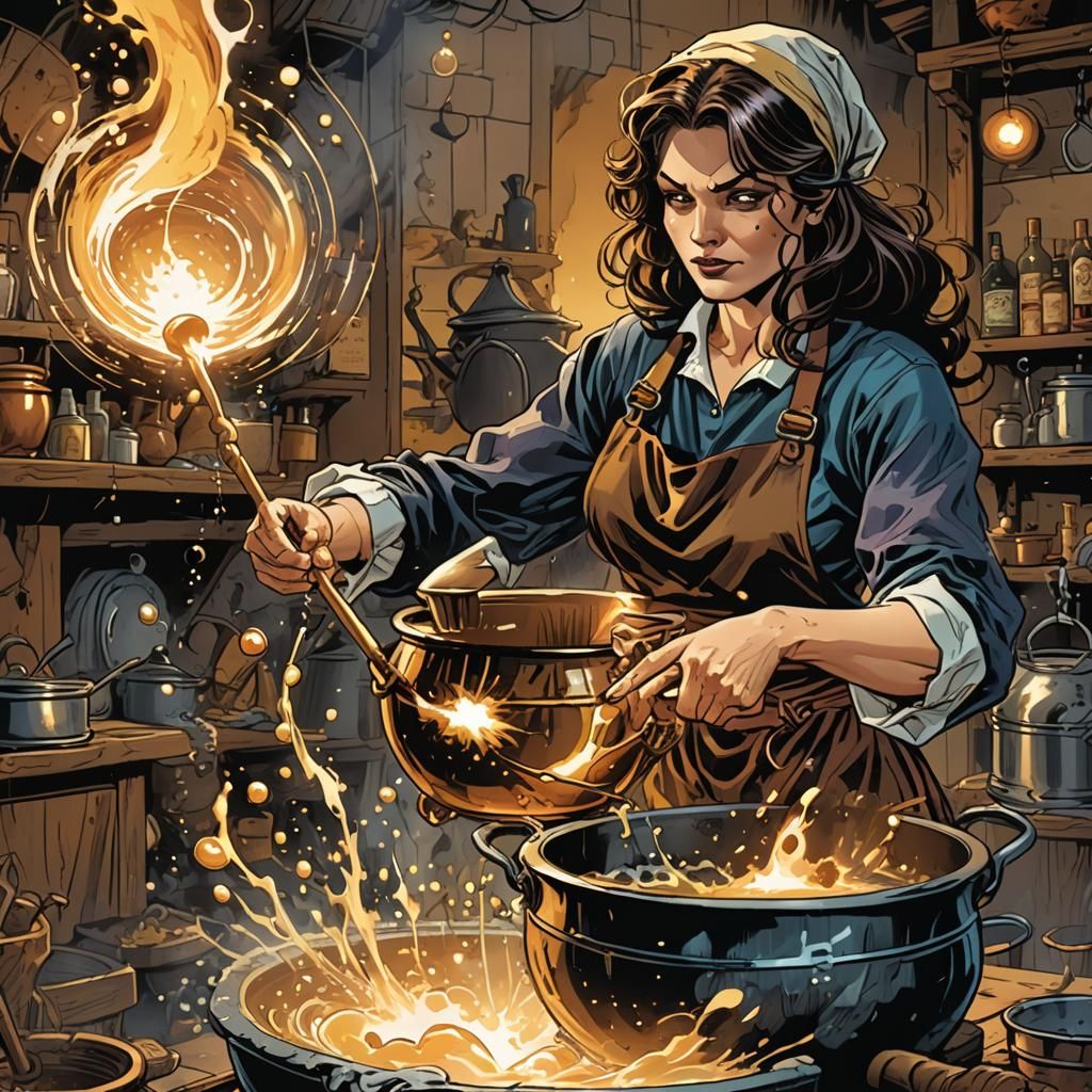 Comic Book Witch Stirring a Cauldron