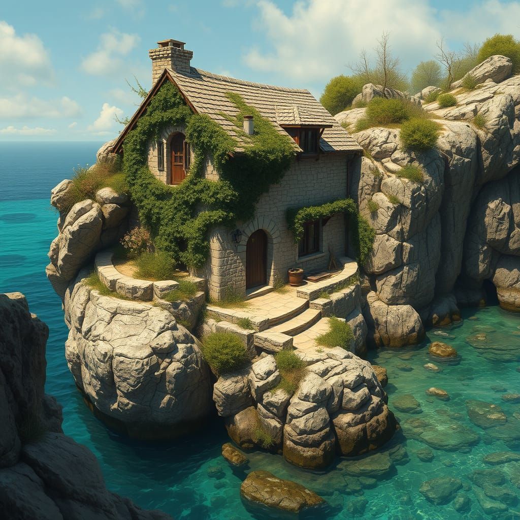 Stone Cottage on Turquoise Cliffs in Dreamlike Atmosphere