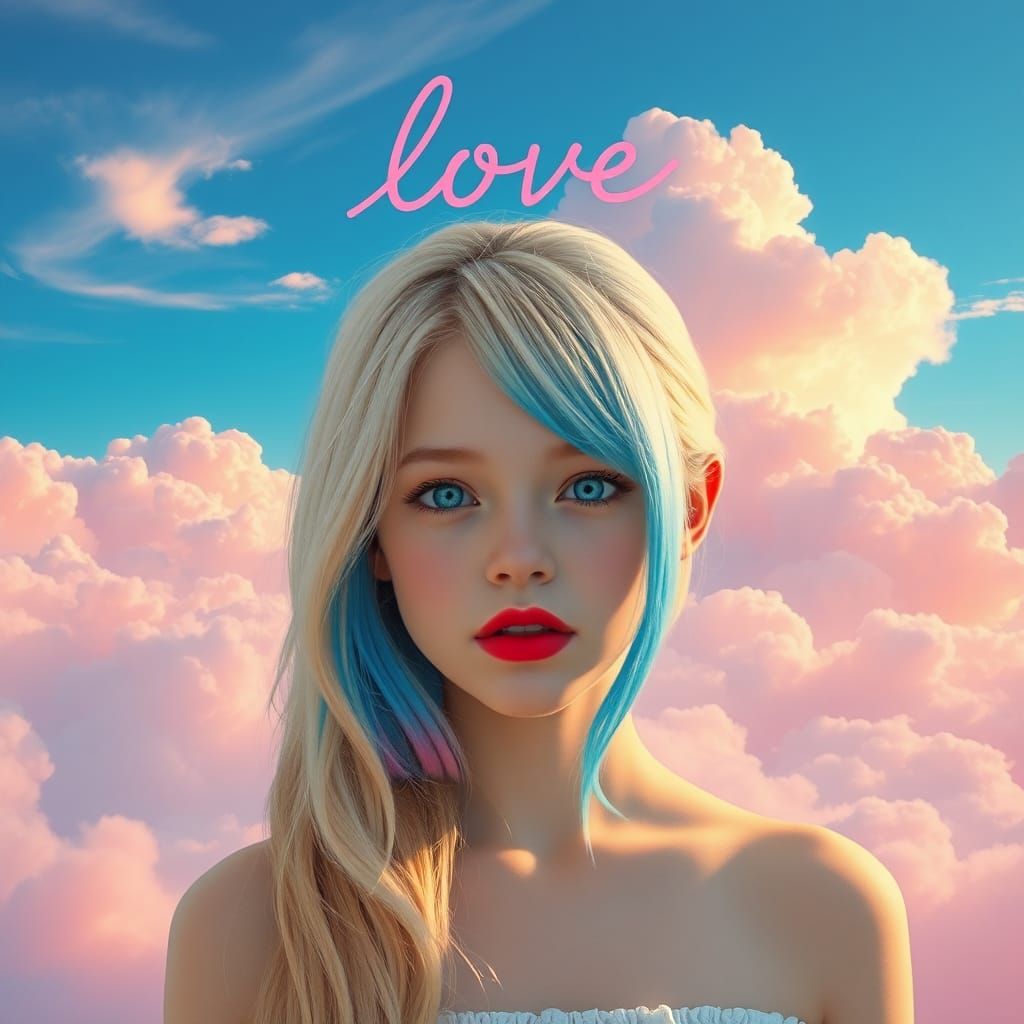 Blonde Girl with Ombre Hair in Pastel Sky