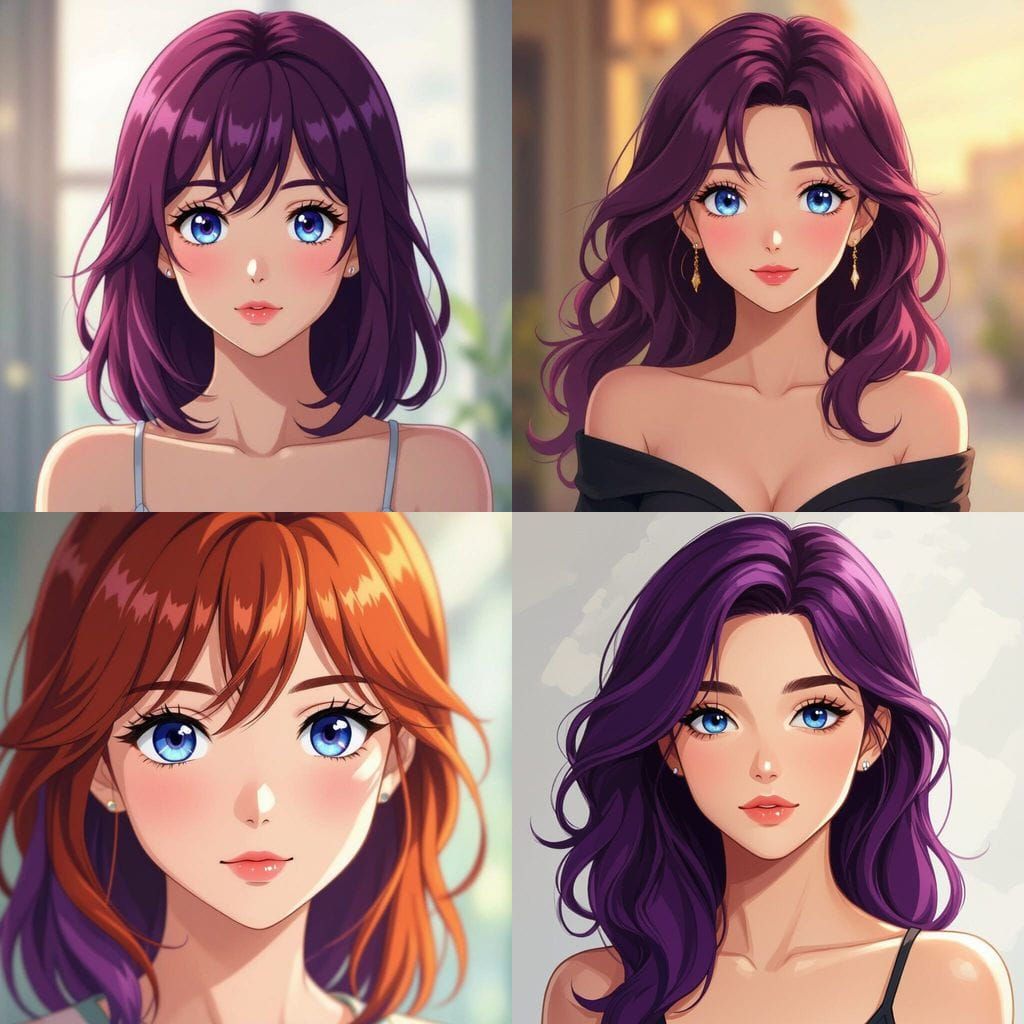 Anime Girl with Auburn Purple Hair and Blue Eyes