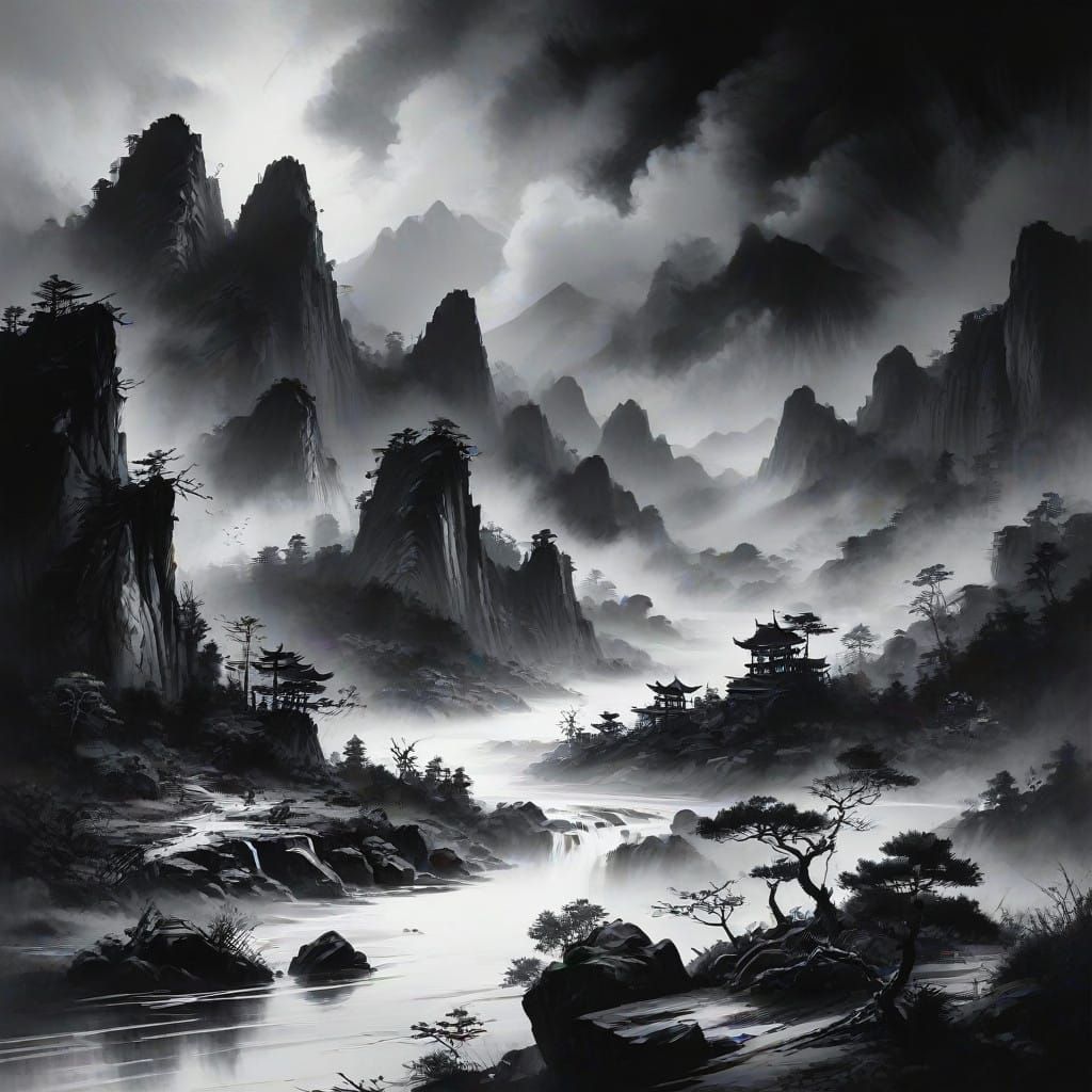 Serene Chinese Thunderstorm Landscape in Watercolor Impasto