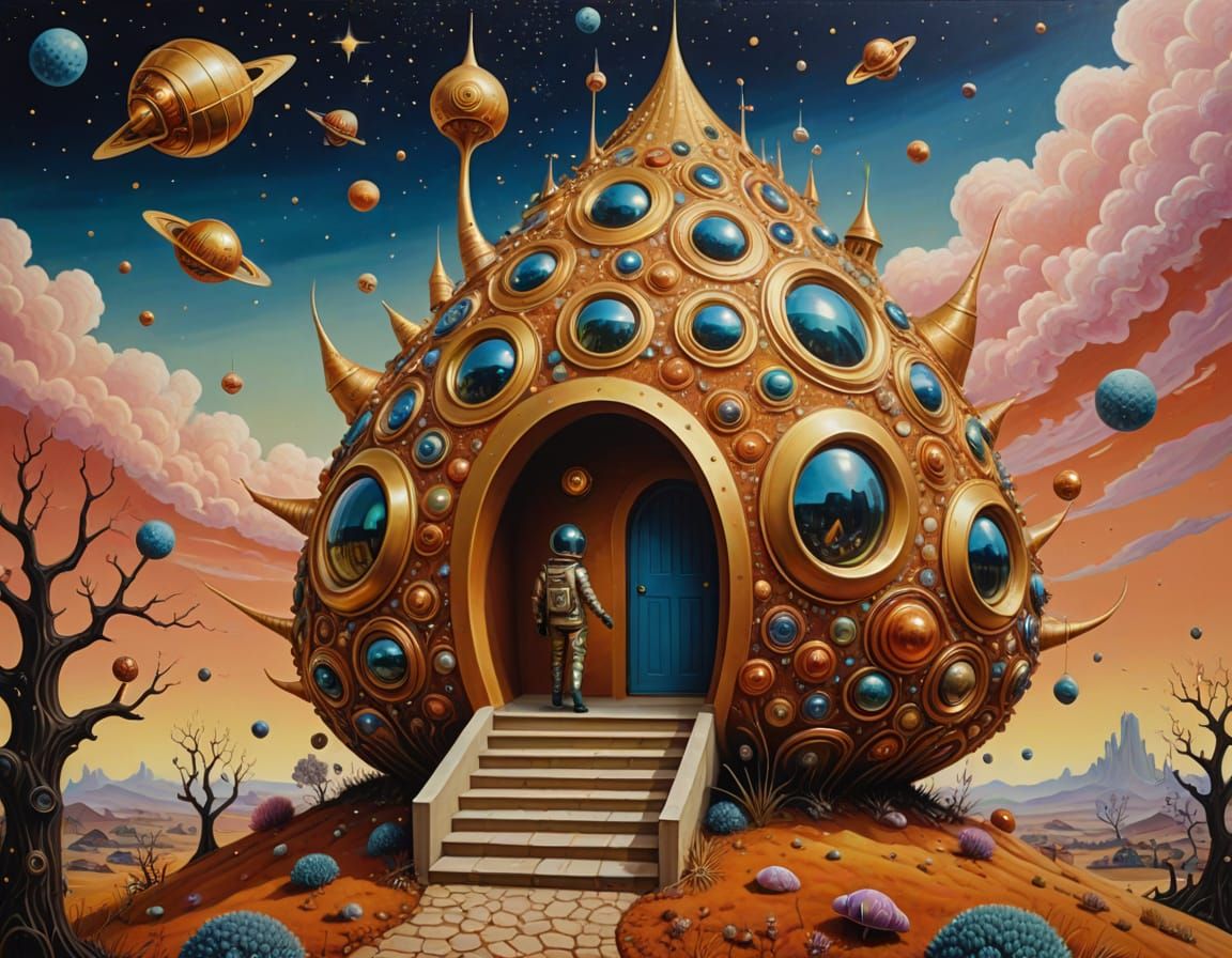 Space Cadet and Snailshell House: Surreal Oil Painting