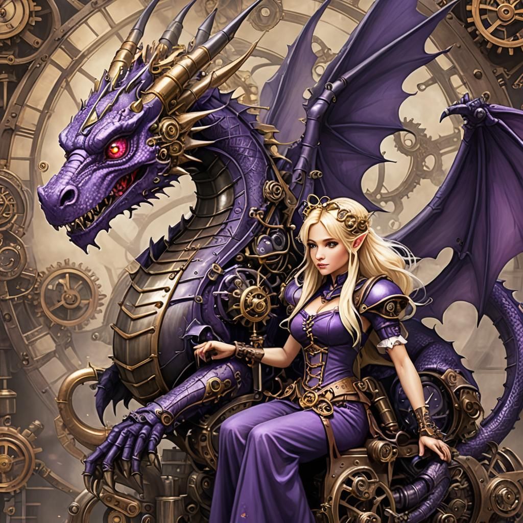 Purple Dragon and Blonde Fairy with Steampunk Engine