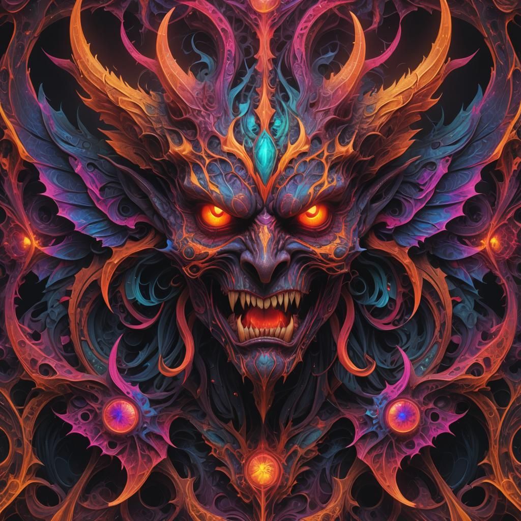 Winged Demon Face on Fractal Pattern in Neon