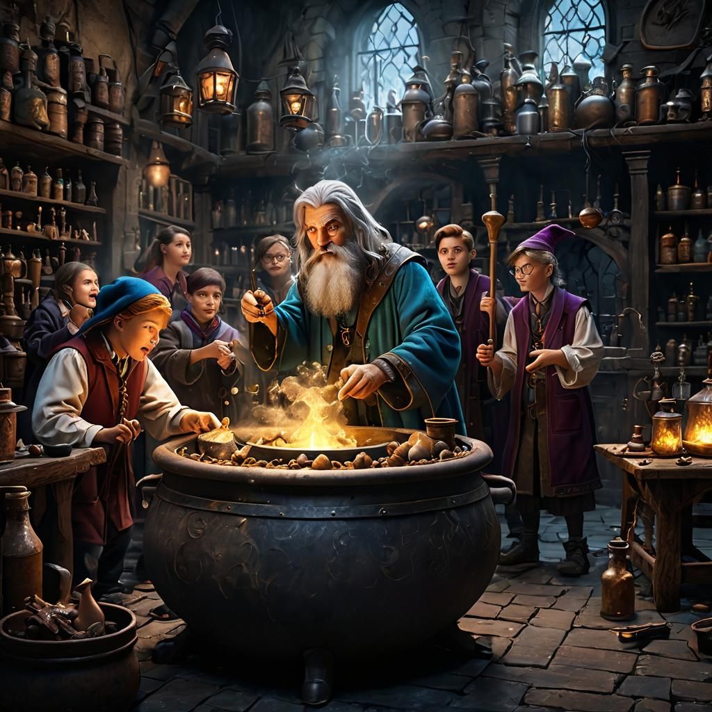 Wizard Students in Potions Class, Detailed Matte Painting