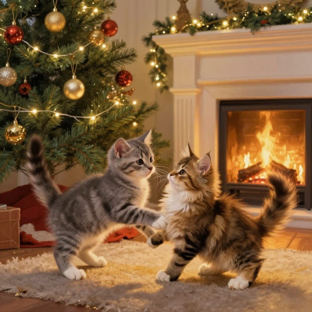 Kittens Play Under Christmas Tree in Cozy Living Room