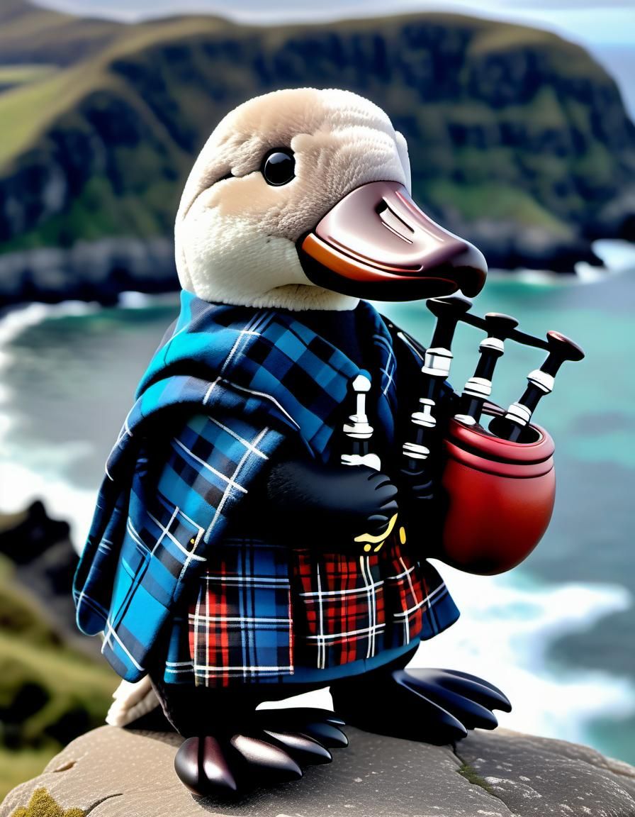 Scottish Platypus Plushie Plays Bagpipes on Cliff