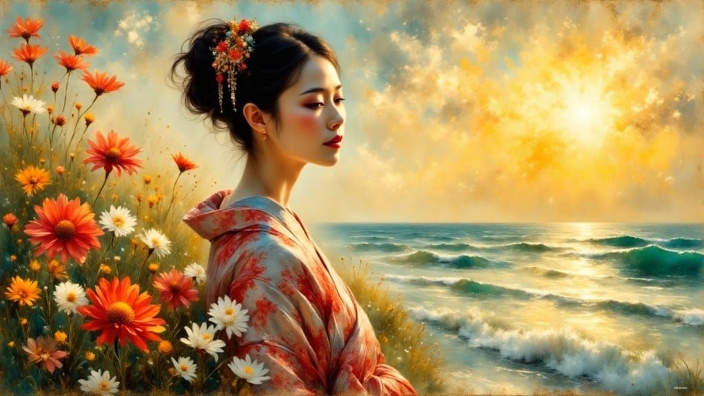 Japanese Woman in Impressionistic Spring Garden