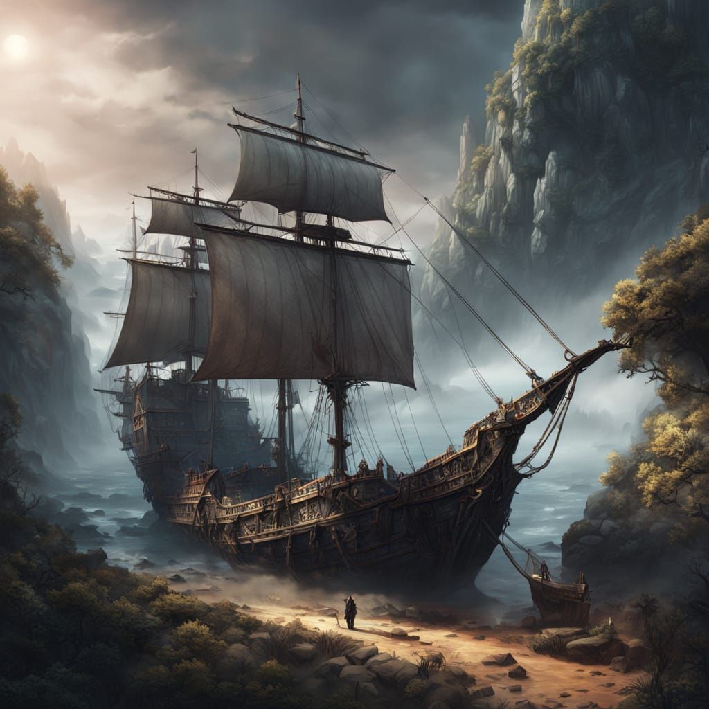 Ghostly Galleon in Misty Pirate Cove: Gothic Fantasy Art