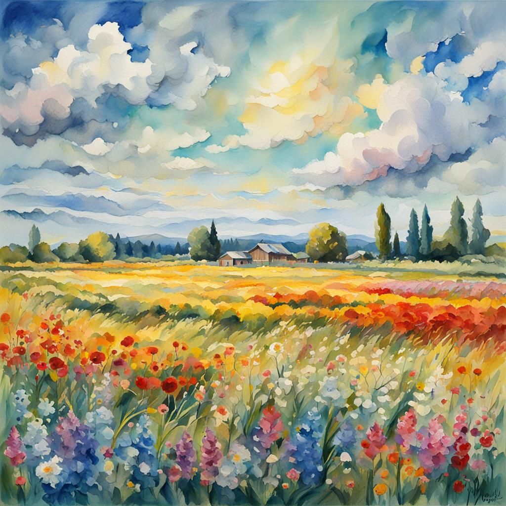 Impressionist Field in Gouache Style