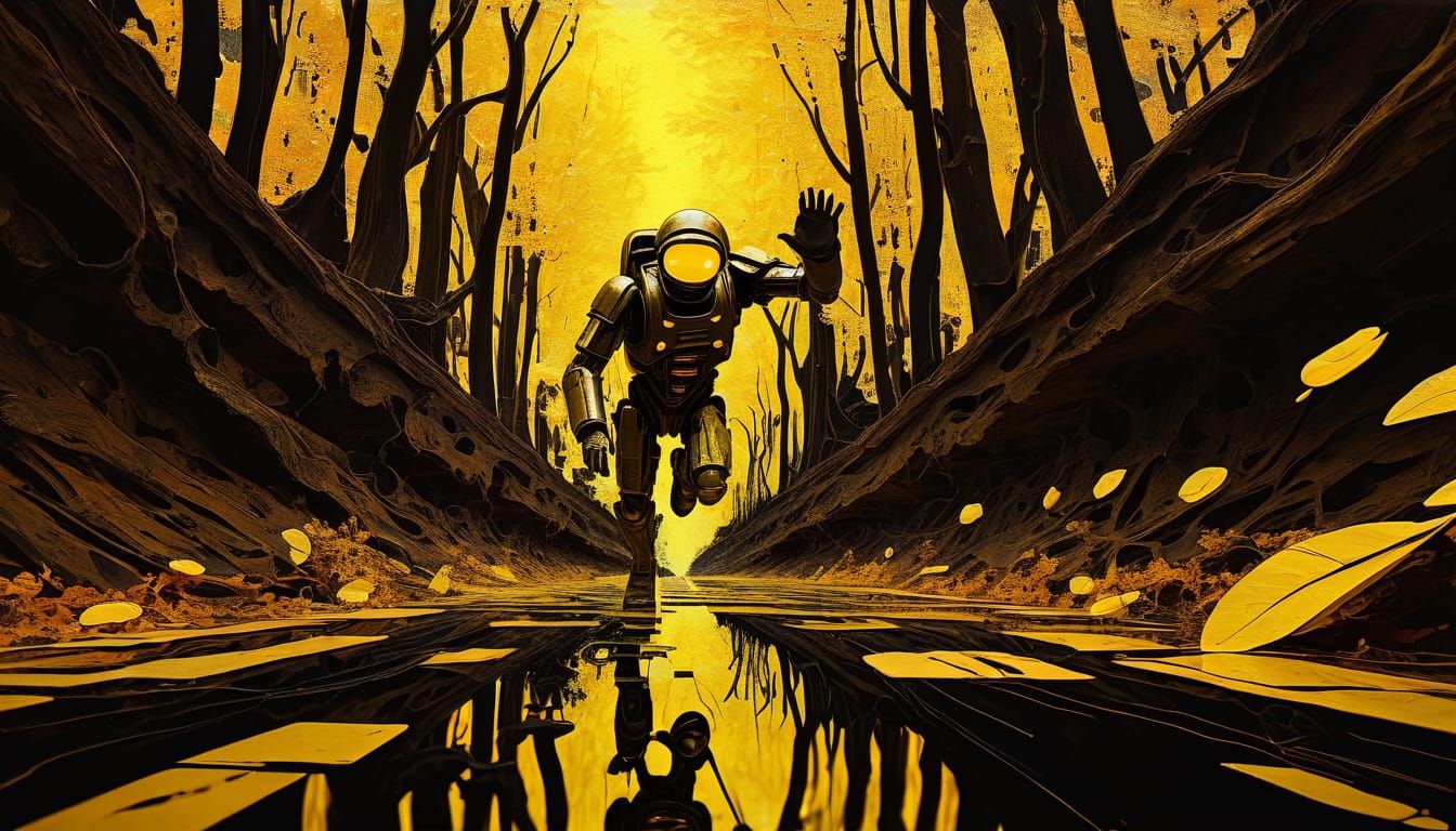 Cybernetic Warrior Leaps Through Glowing Underground Forest ...