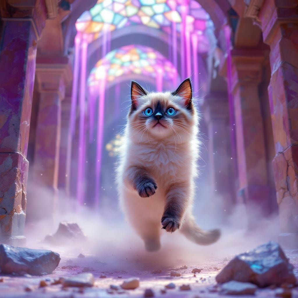 Fluffy Kitten in Crumbling Marble Sanctum