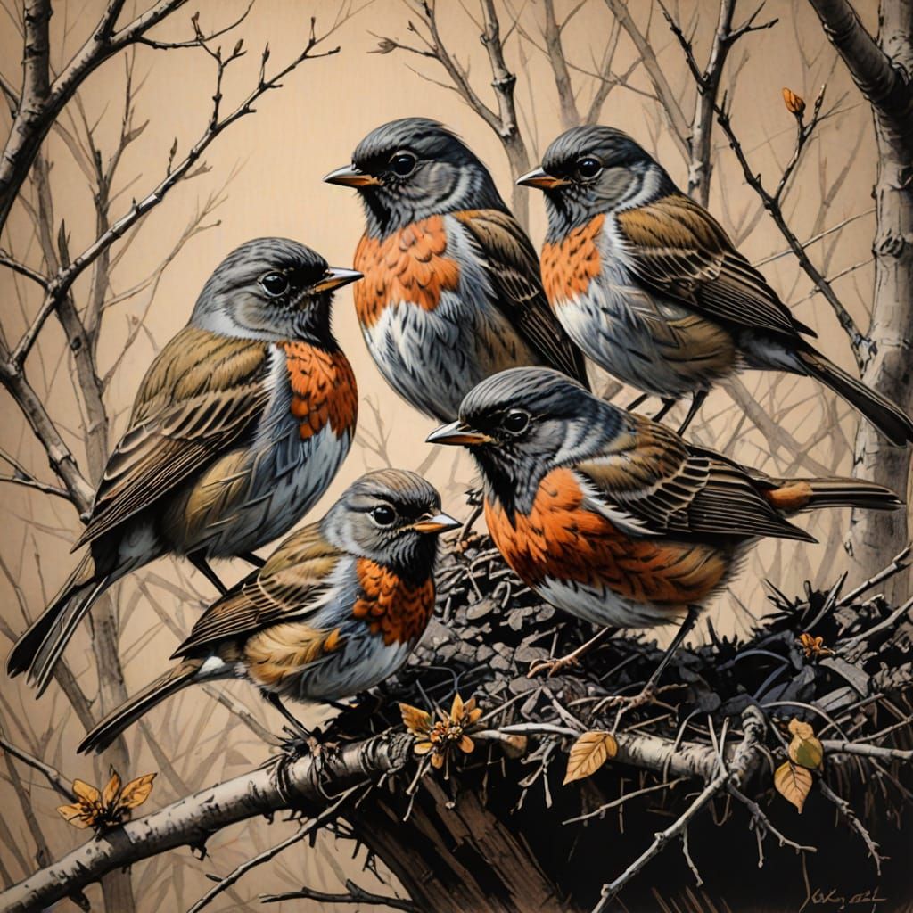 Family of American Robins in Charcoal Drawing
