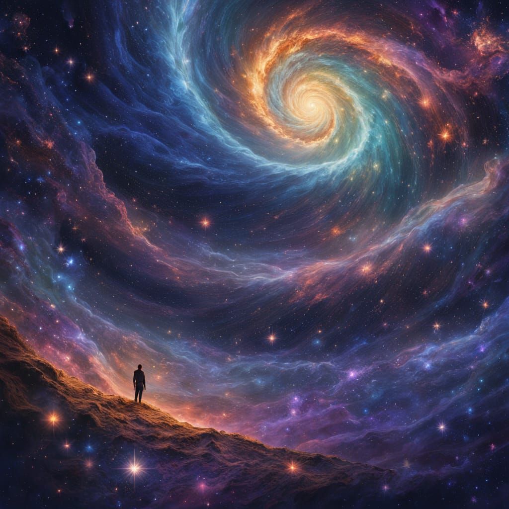 Astral Figure Contemplating Void in Ethereal Cosmic Style