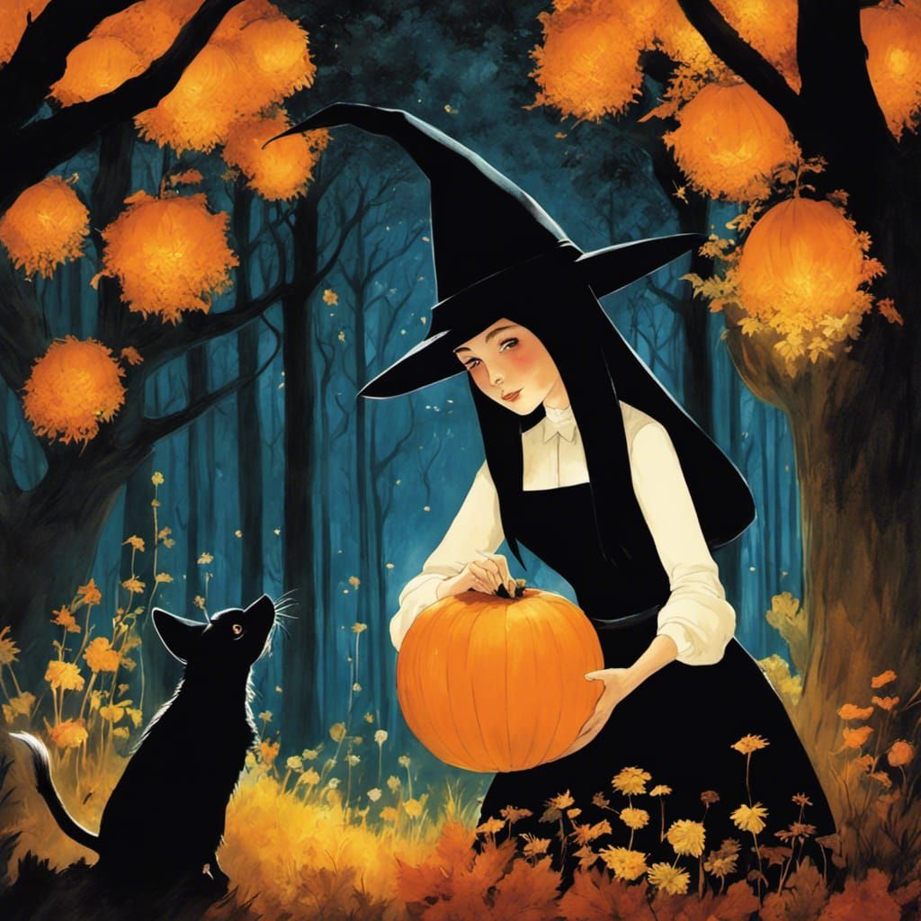 Cute Witch Girl Picking Herbs in Magical Garden