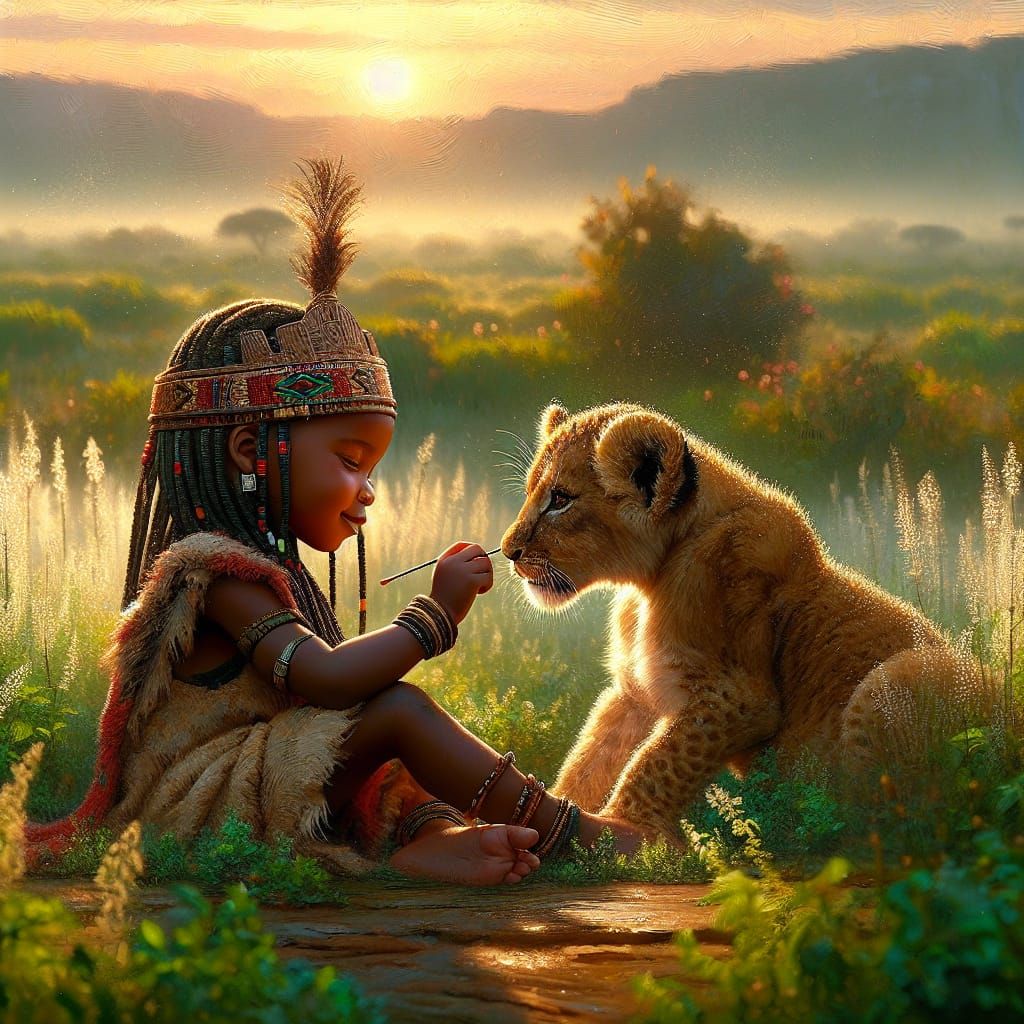 Girl and Lion Cub: Impasto Painting