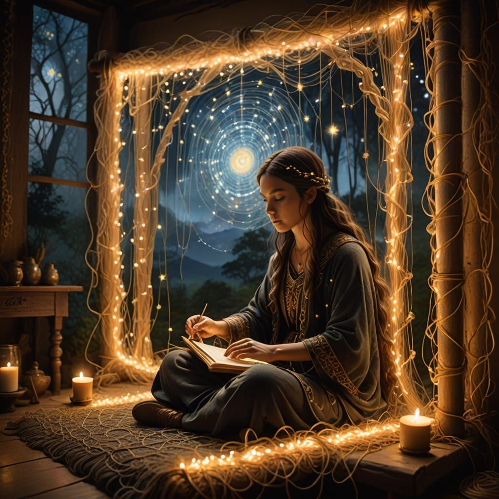 Dream Weaver in Enchanted Loom Illuminated by Golden Starlig...