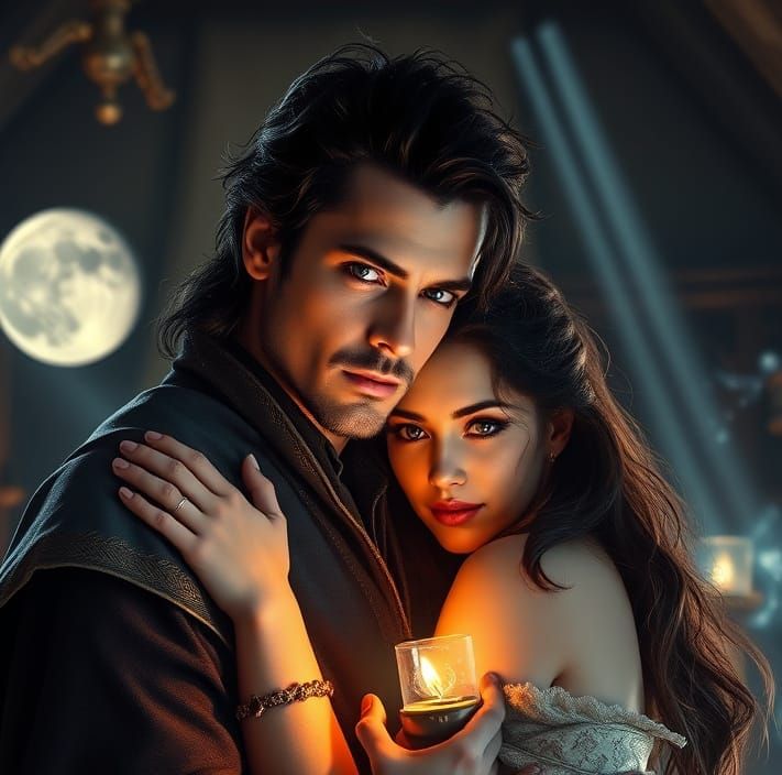 Sorcerer Embracing Young Fire Magic Apprentice in Wizard's T...