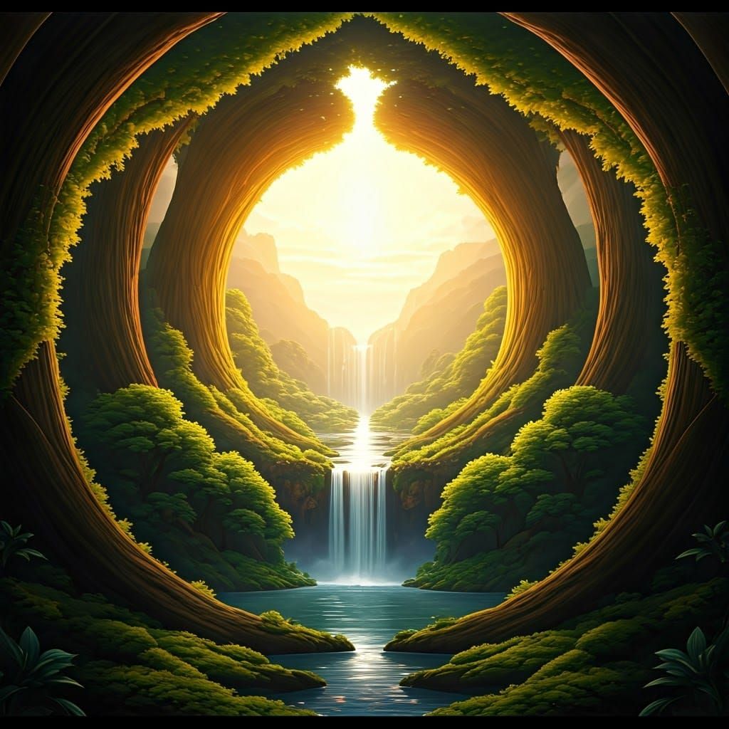 Lush Forest Landscape with Golden Sunset in Fantasy Art