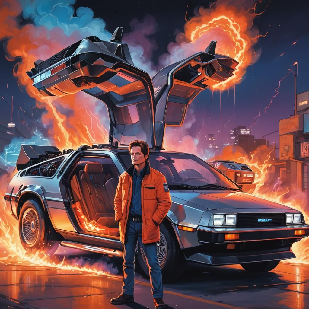 Retro-Futuristic DeLorean Illustration in Concept Art Style