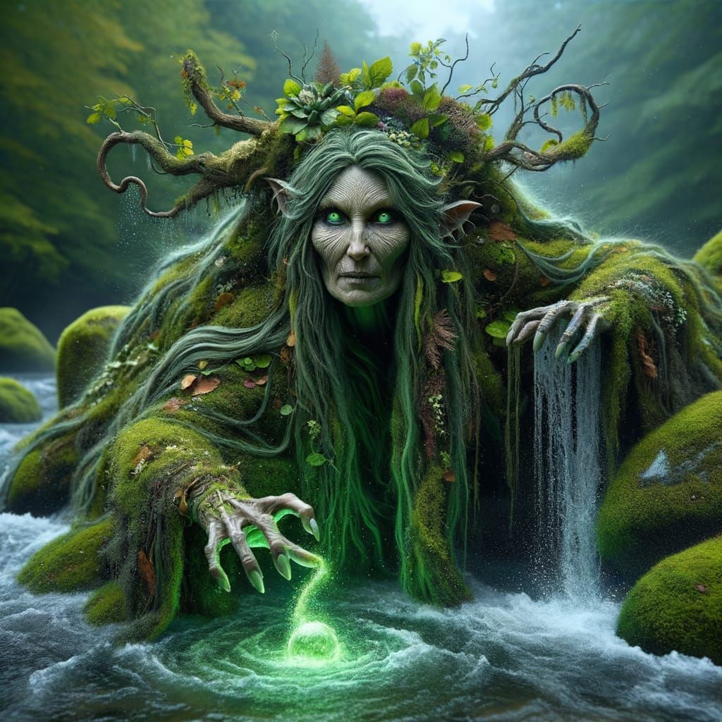 Enchanting River Sorceress with Mossy Green Hair