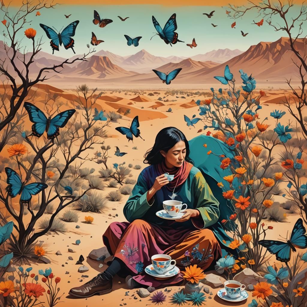 Desert Tea Party: Abstract Art with Birds and Butterflies