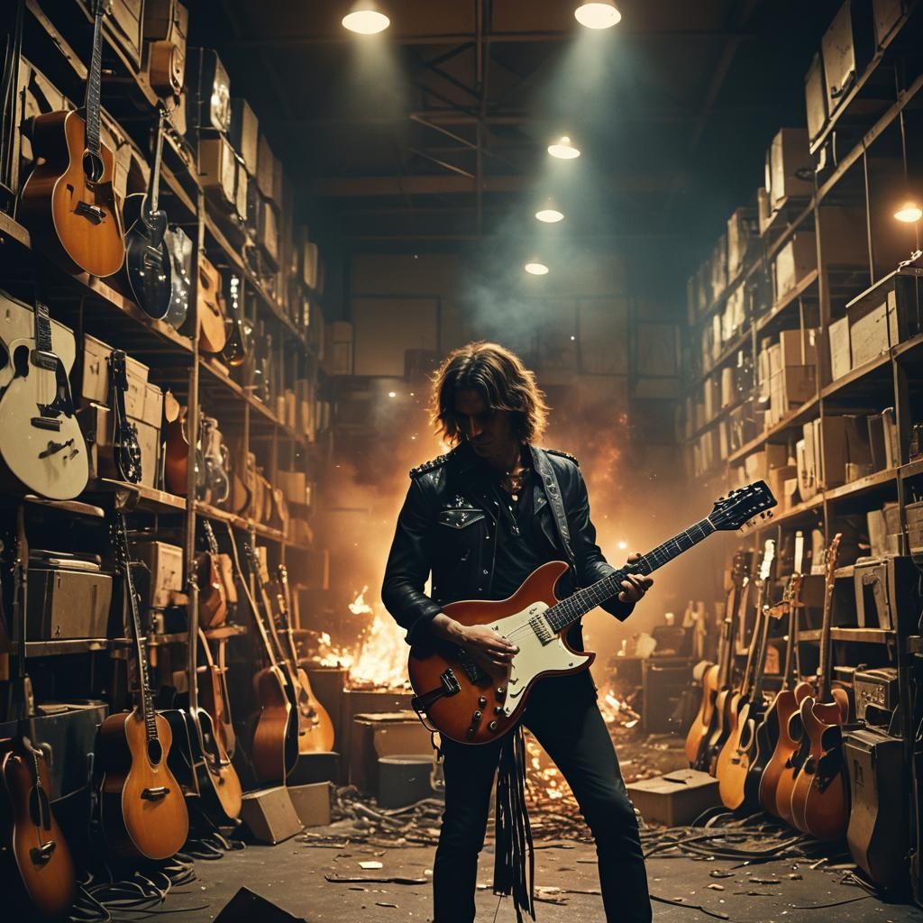 Rock Star Guitar Arson: Cinematic Film Still