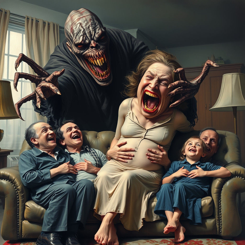 Grotesque Figure Abducts Mother in Surreal Scene