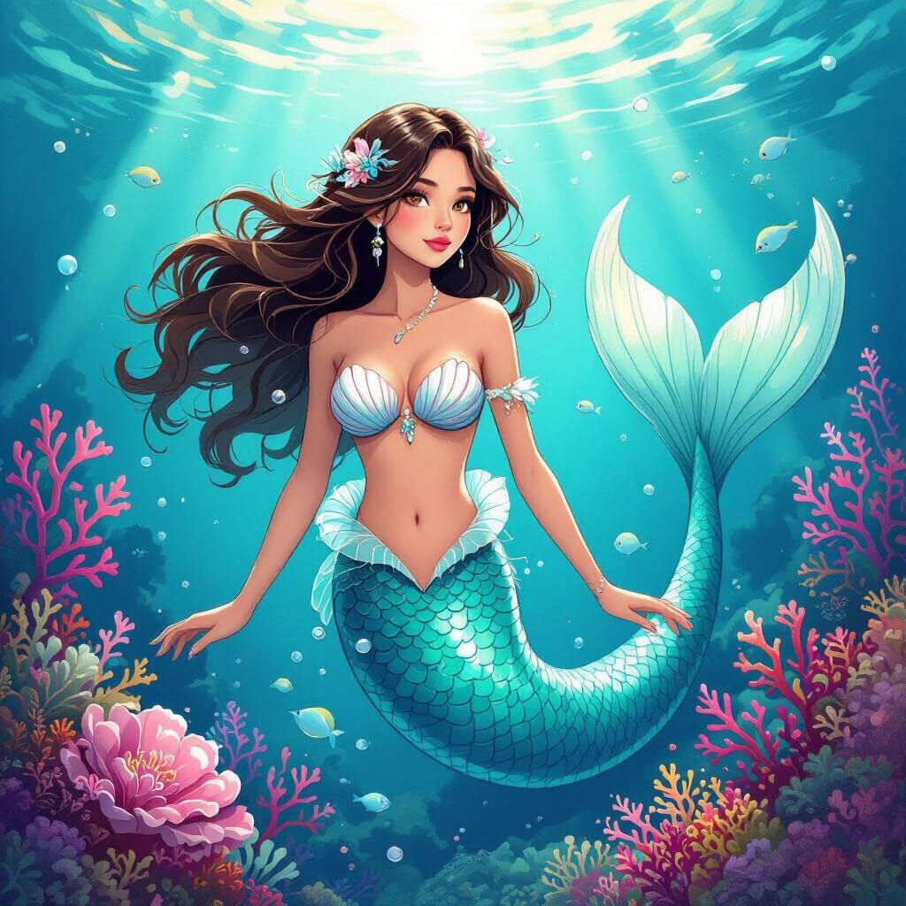 Brunette Mermaid in Ethereal Underwater Kingdom