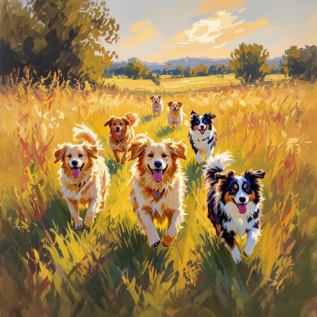 Golden Retrievers and Border Collies in a Sunlit Field